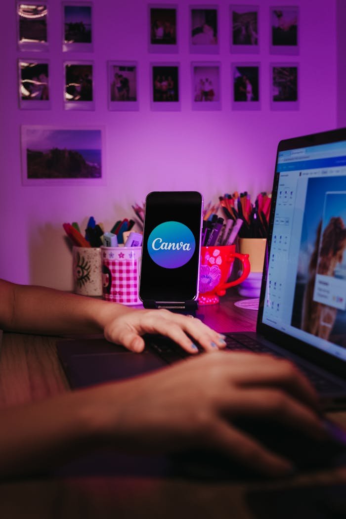 A creative home workspace with a laptop and smartphone displaying Canva, showcasing a vibrant, organized desk setup.